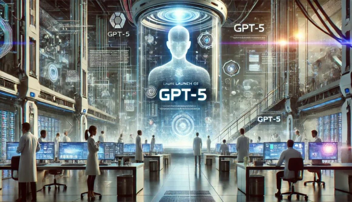 Launch of GPT-5. Modern, sleek lab with advanced professionals